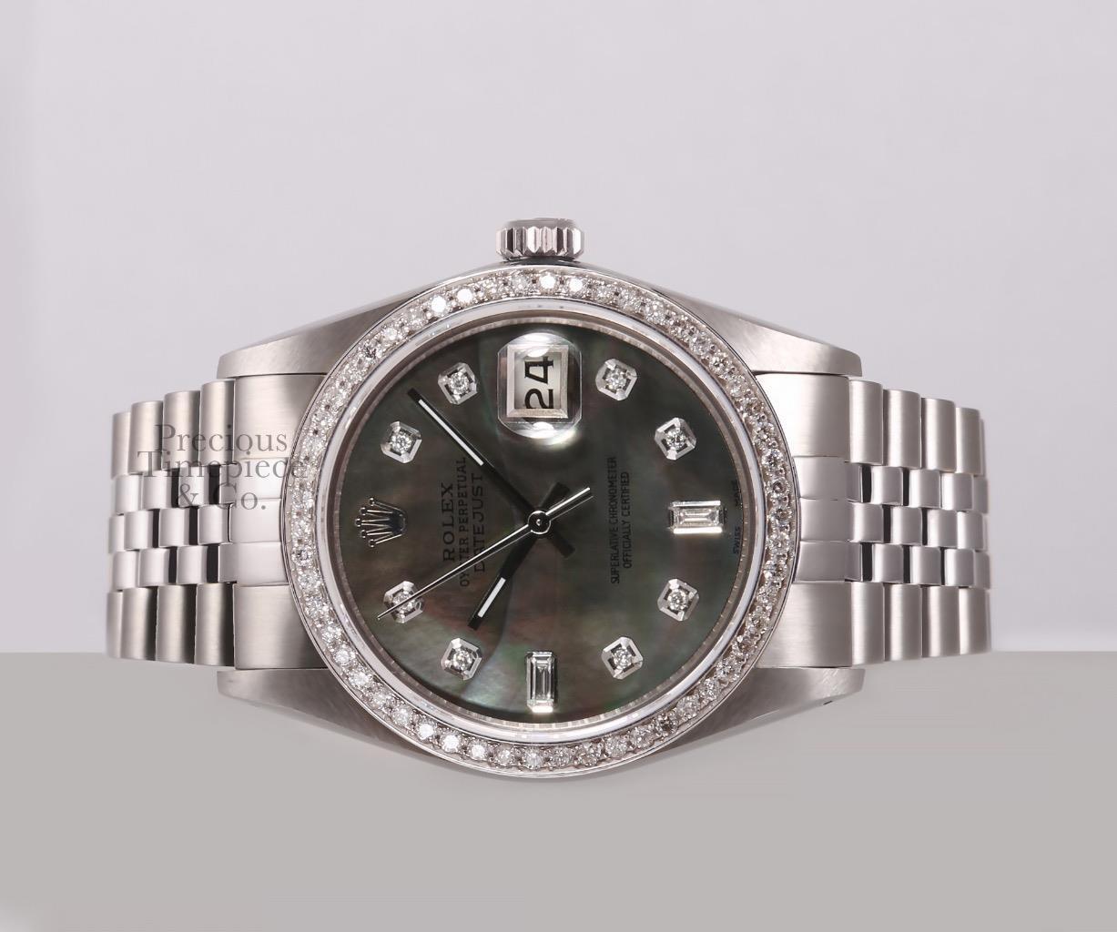 Rolex Datejust S/Steel 36mm Watch-Black MOP Baguette Diamond Dial-Diamond Bezel