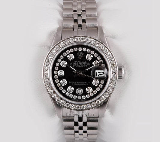 Rolex Lady Datejust Stainless Steel 26mm-Black String Diamond Dial-Diamond Bezel