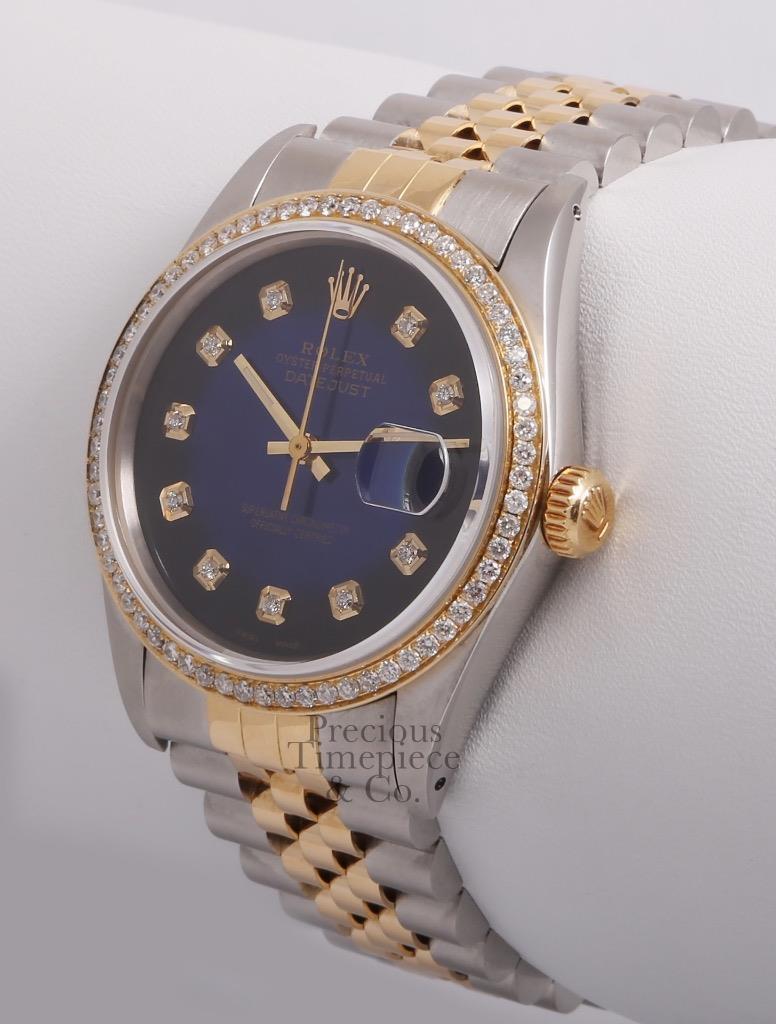 Rolex Datejust Two Tone 36mm Steel 18k Diamond Bezel-Blue Vignette Diamond Dial