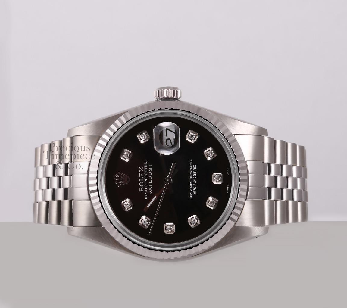 Rolex Datejust Stainless Steel 18k Fluted Bezel 36mm Watch-Black Diamond Dial