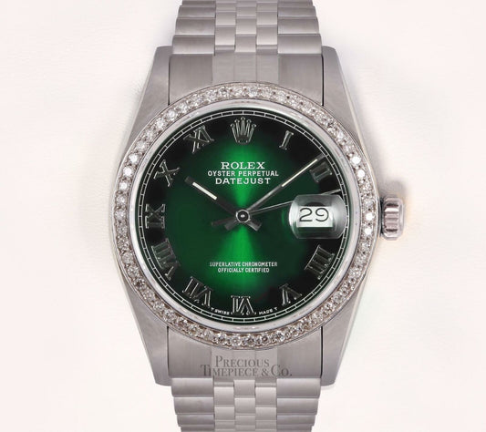 Rolex Men Datejust 36mm S/Steel Watch- Green Vignette Roman Dial-Diamond Bezel