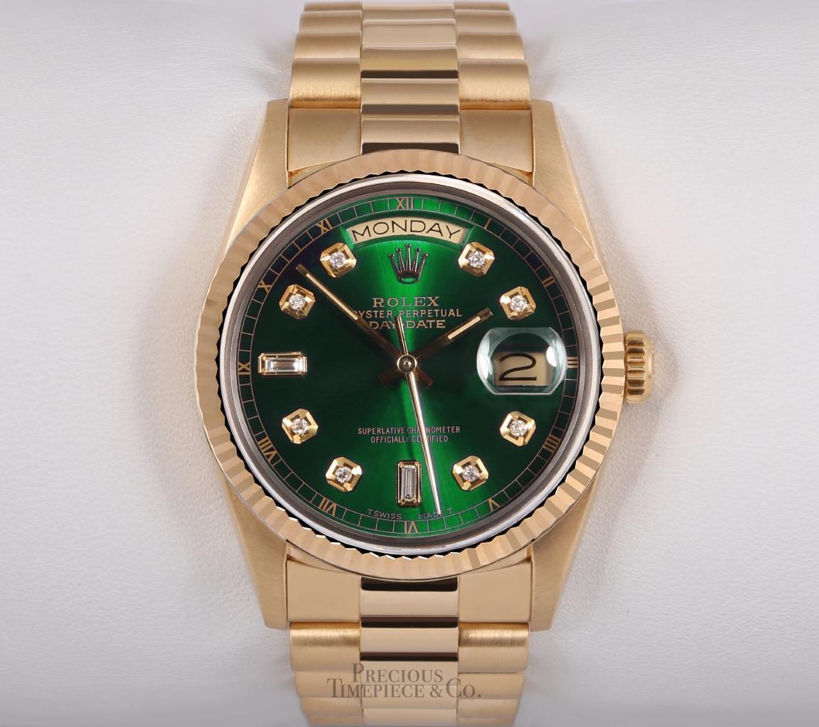 Rolex Day-Date President Solid 18k Gold 18038 Watch -Baguette Diamond Green Dial