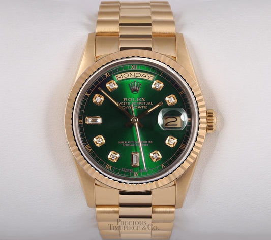 Rolex Day-Date President Solid 18k Gold 18038 Watch -Baguette Diamond Green Dial