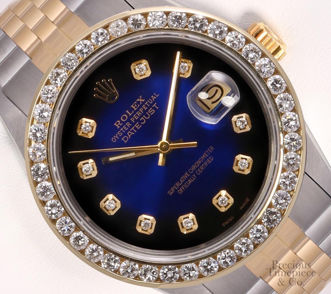 Rolex Datejust Two Tone 18k 3CT Diamond Bezel Watch-Blue Vignette Diamond Dial