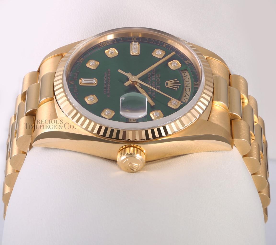 Rolex Day-Date President Solid 18k Gold 18038 Watch -Baguette Diamond Green Dial