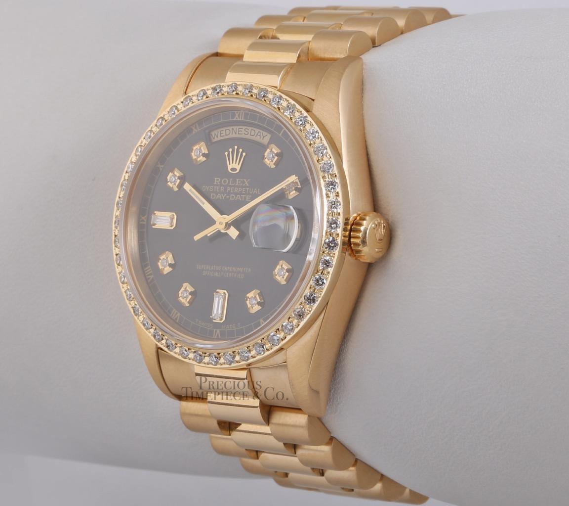 Rolex President 18k Yellow Gold 18038 Black Baguette Diamond Dial Diamond Bezel