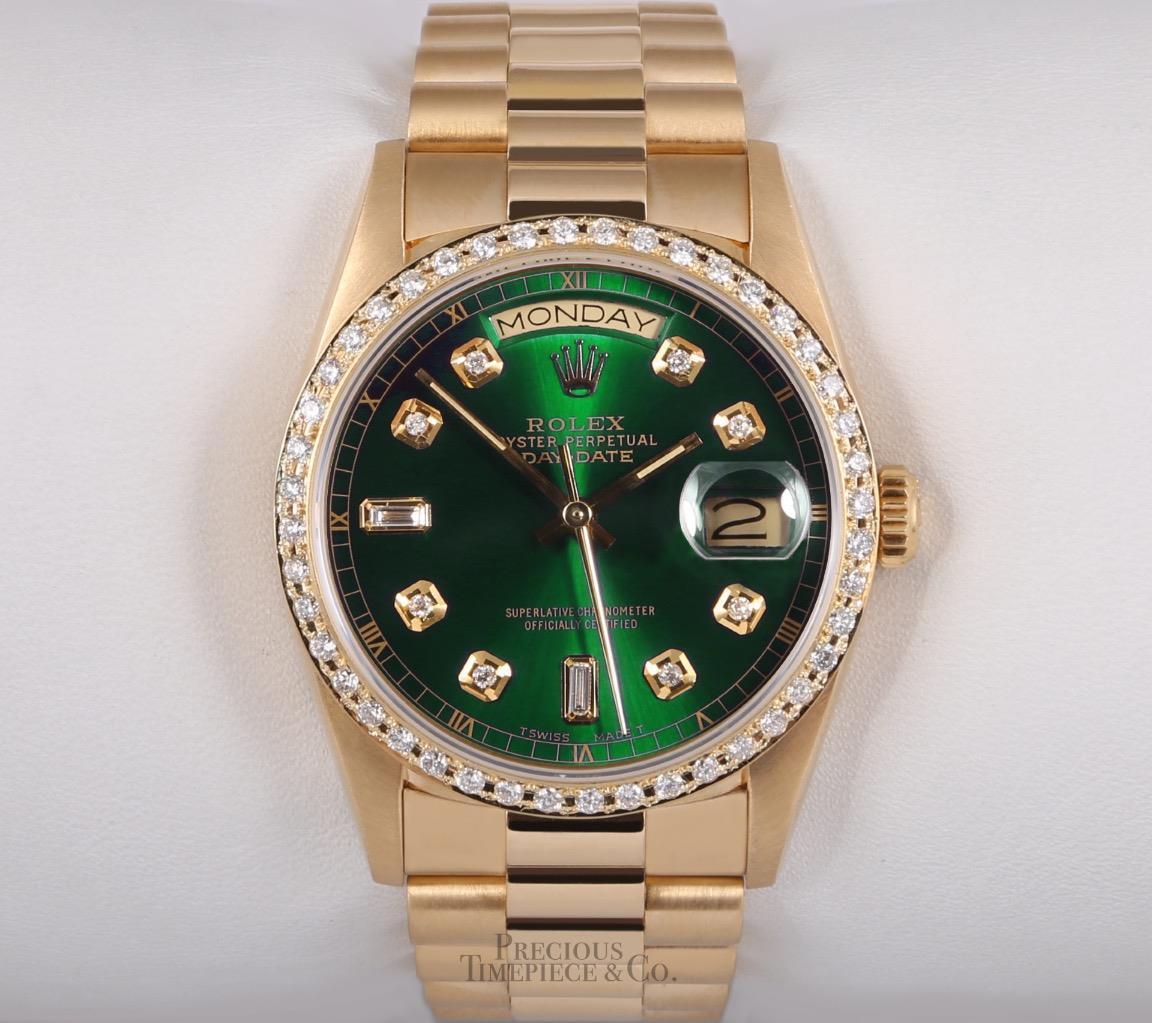 Rolex President 18k Yellow Gold 18038-Green Baguette Diamond Dial-Diamond Bezel