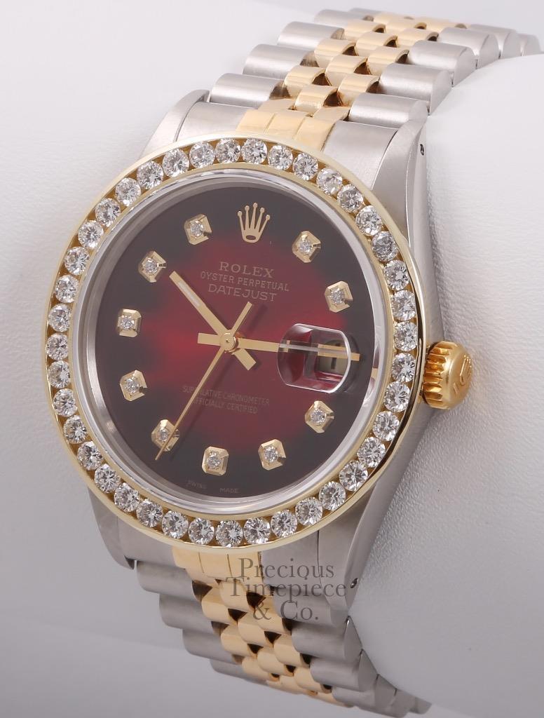 Rolex Datejust S/Steel 18k Gold 3CT Diamond Bezel 36mm-Red Vignette Diamond Dial