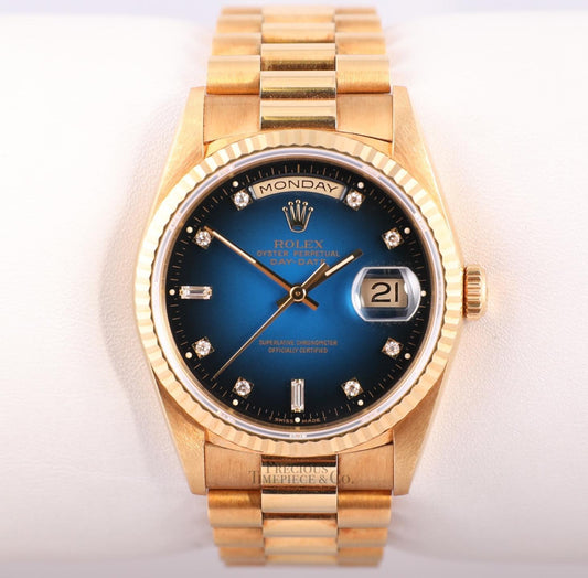 Rare Rolex Day-Date 18238 18k Gold 36mm-Factory Blue Vignette Diamond Dial