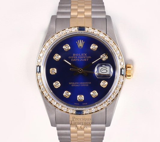 Rolex Datejust Two Tone 36mm 18k Sapphire Diamond Bezel-Blue Diamond Dial-Watch