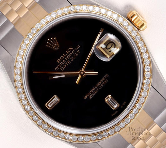 Rolex Datejust Two Tone S/Steel 18k Diamond Bezel 36mm Watch-Onyx Baguette Dial