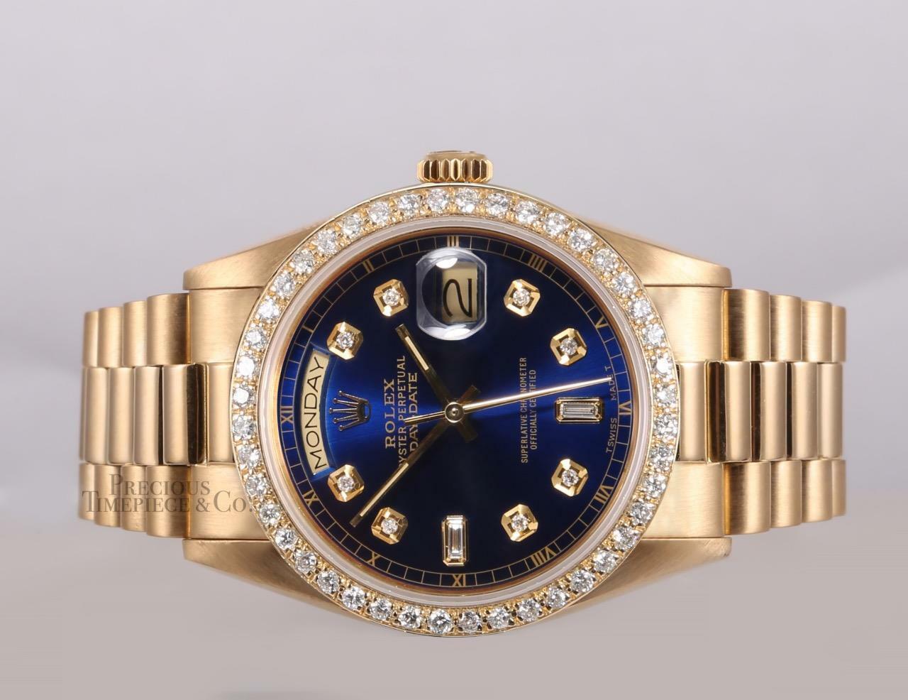 Rolex Day-Date President 18k Gold 18238-Blue Baguette Diamond Dial-Diamond Bezel