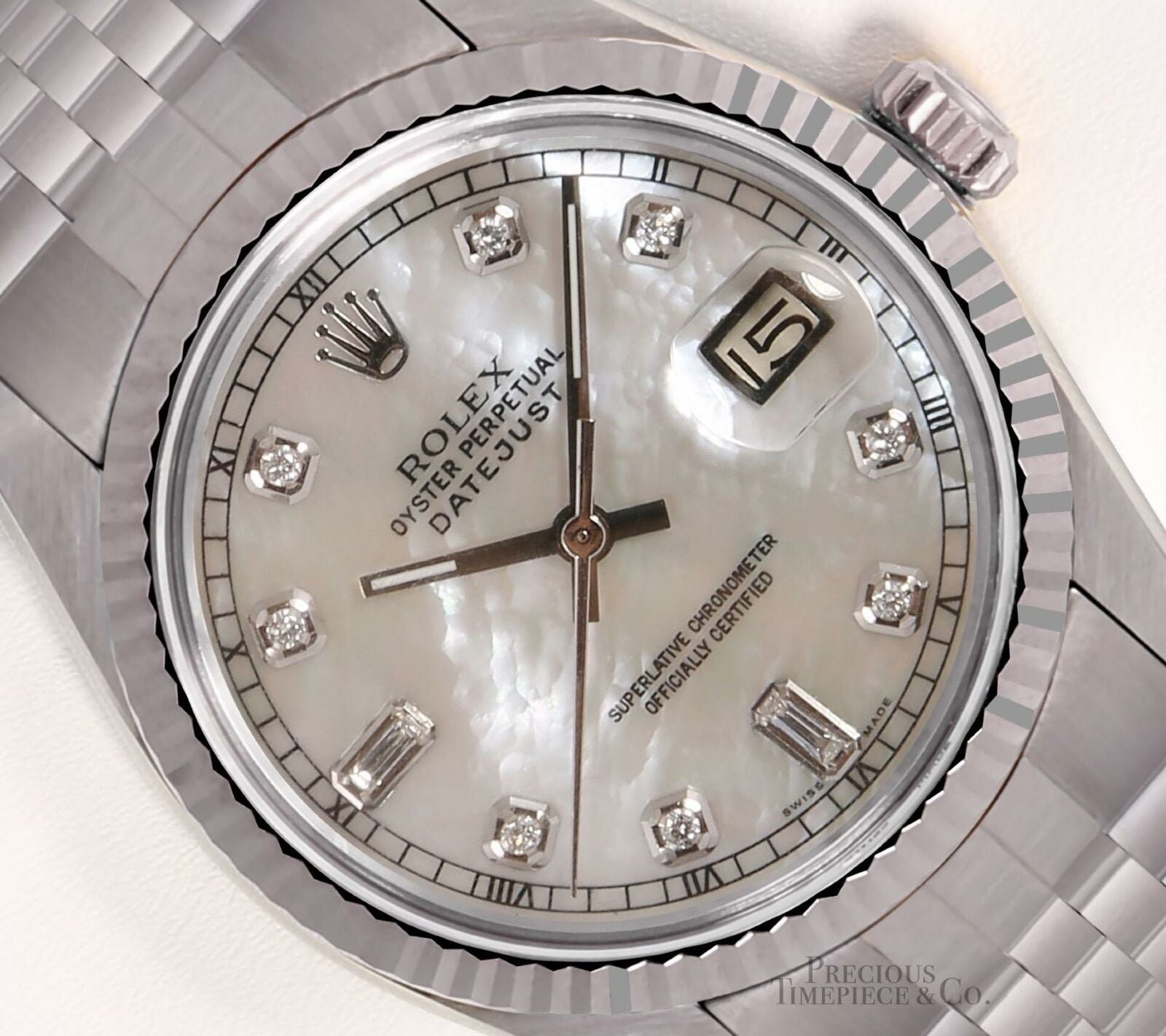 Rolex Men Datejust 36mm Steel Watch Fluted Bezel-White MOP Baguette Diamond Dial