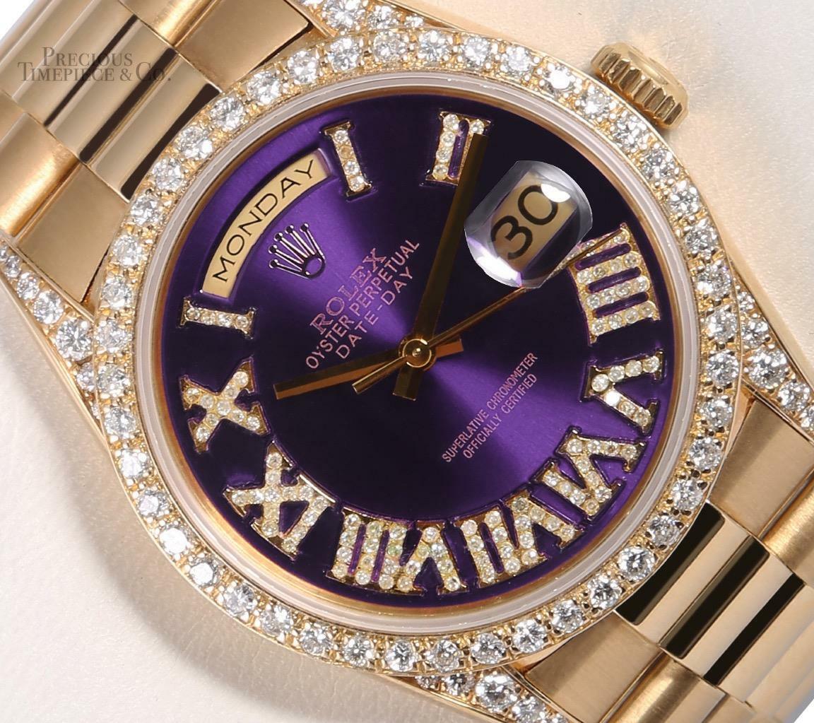 Rolex Day-Date 18238 36mm 18k Gold-Purple Roman Dial-Diamond Lugs-Diamond Bezel