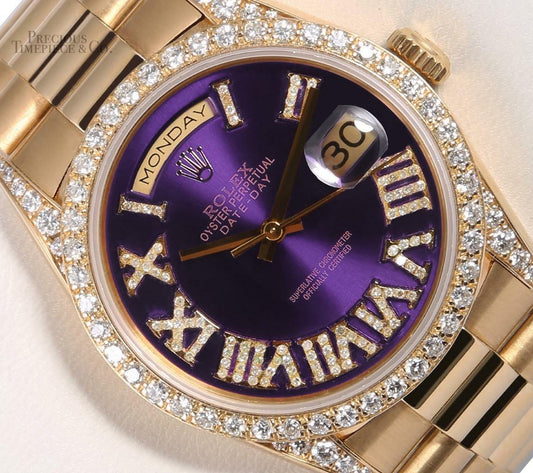 Rolex Day-Date 18238 36mm 18k Gold-Purple Roman Dial-Diamond Lugs-Diamond Bezel