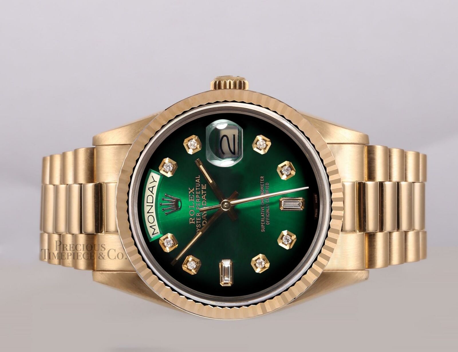 Rolex Men Day-Date 18038 President 18k Yellow Gold 36mm-Green Ombre Diamond Dial