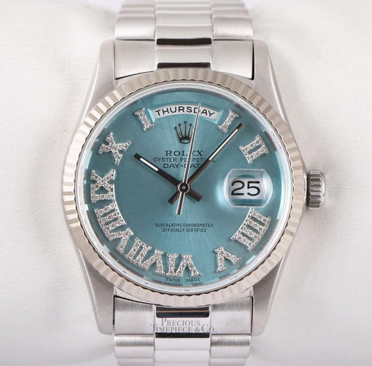 Rolex Day-Date 36mm President 18239 18k White Gold-Ice Blue Diamond Roman Dial