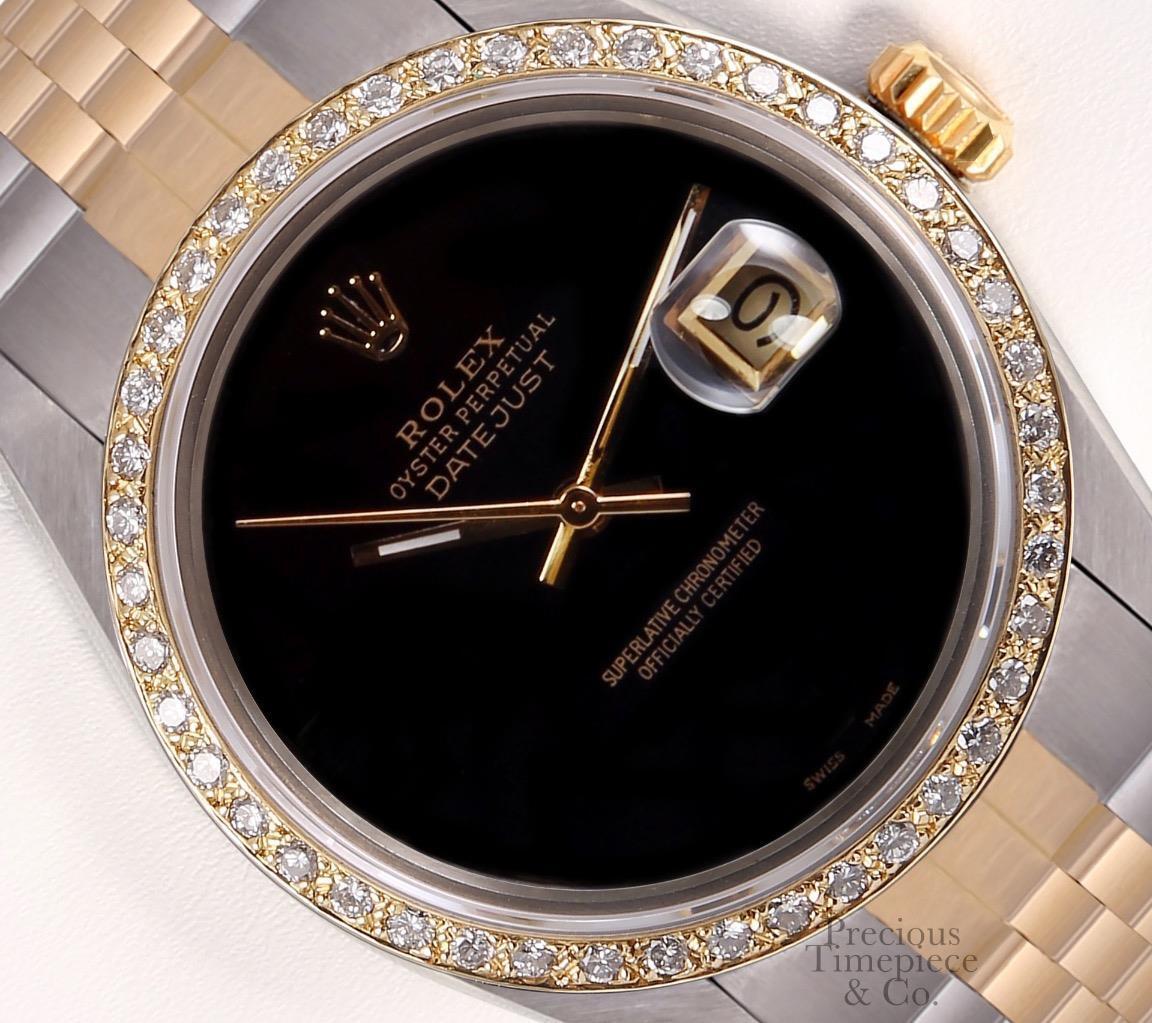 Rolex Datejust Two Tone S/Steel Gold 18k Diamond Bezel Onyx Dial 36mm Watch-2WTY