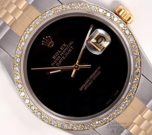 Rolex Datejust Two Tone S/Steel Gold 18k Diamond Bezel Onyx Dial 36mm Watch-2WTY