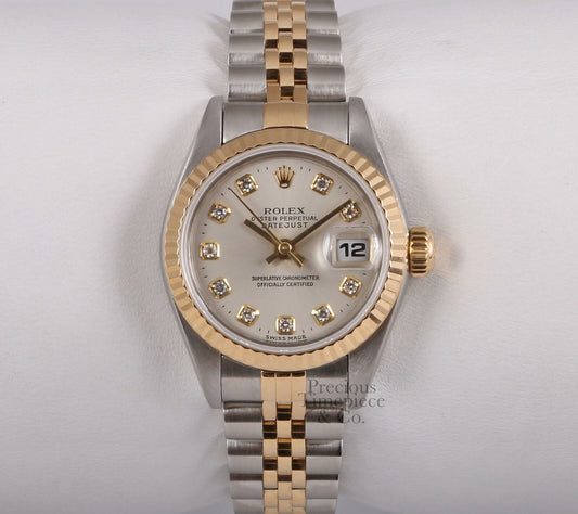 Rolex Lady Datejust 26mm No Hole Two Tone Steel 18k Fluted-Silver Diamond Dial