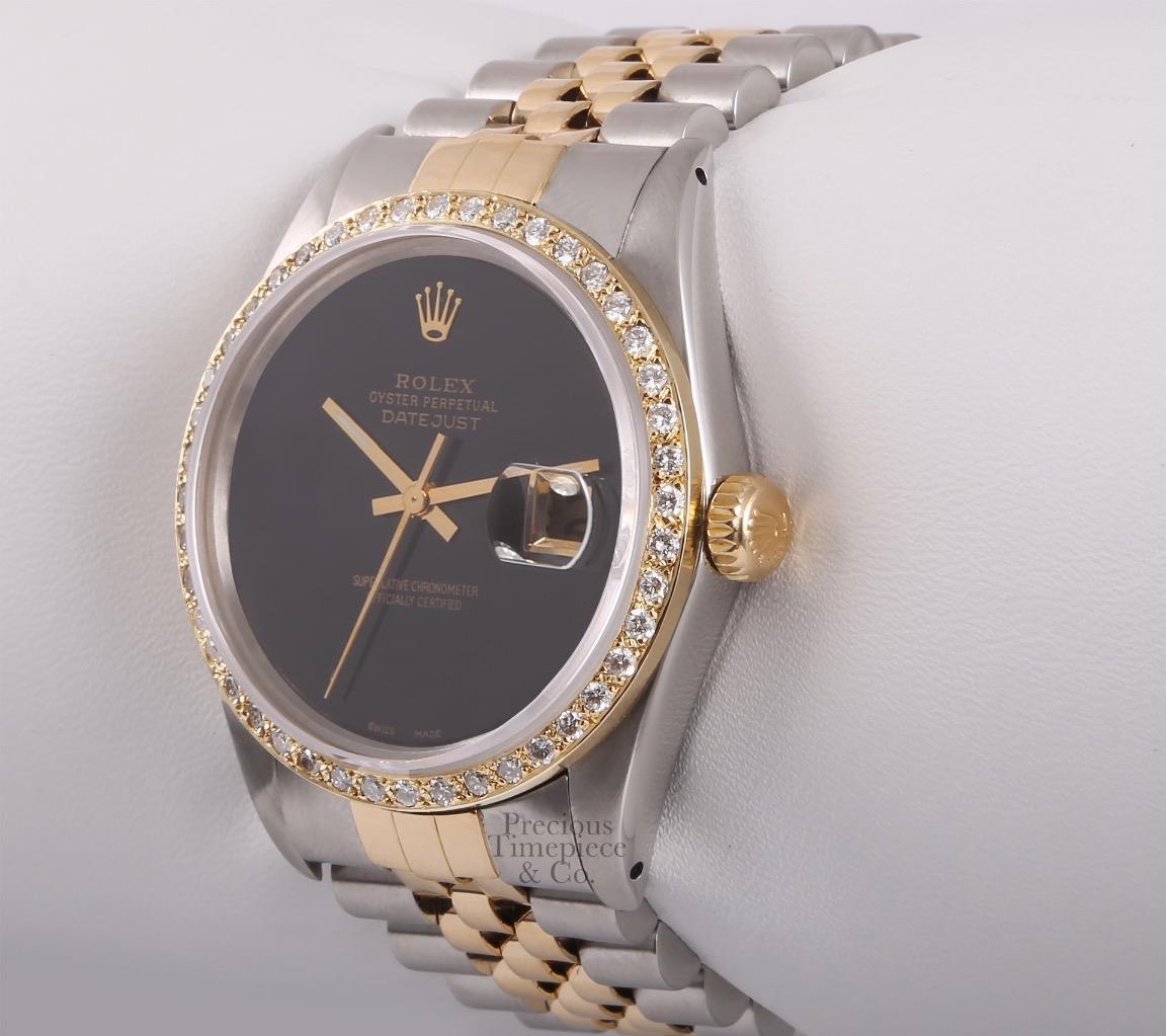 Rolex Datejust Two Tone S/Steel Gold 18k Diamond Bezel Onyx Dial 36mm Watch-2WTY