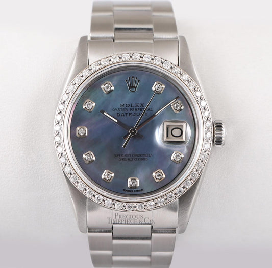 Rolex Datejust Steel 36MM Watch-Diamond Bezel-Black MOP Diamond Dial-Oyster Band