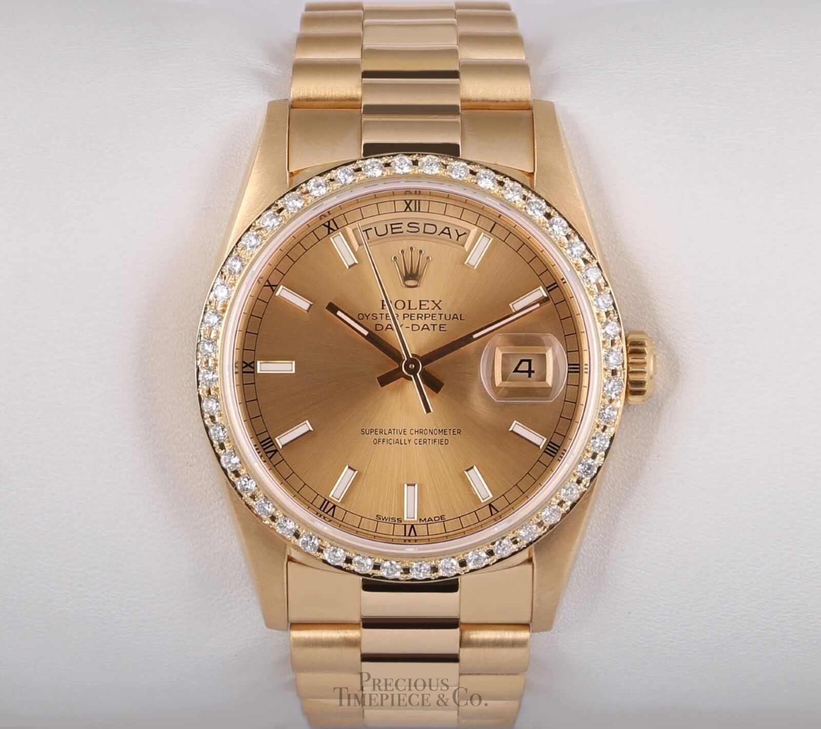 Rolex Day-Date 18038 Presidential 18k Diamond Bezel 36mm-Champagne Stick Dial