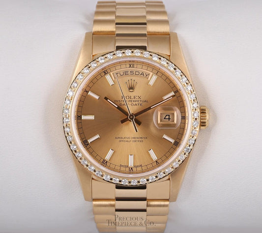 Rolex Day-Date 18038 Presidential 18k Diamond Bezel 36mm-Champagne Stick Dial