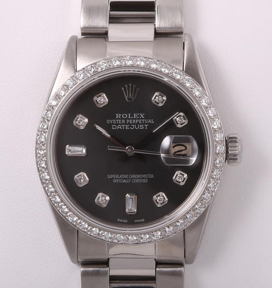 Rolex Datejust SS 36mm Watch-Oyster Band-Gray Baguette Dial-Diamond Bezel