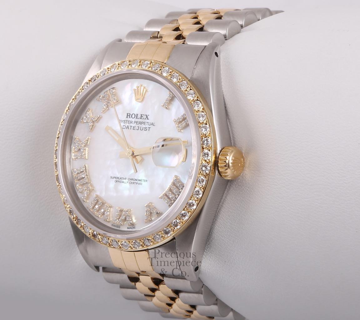 Rolex Mens Datejust TT 18k/SS Watch-Diamond Bezel-White MOP Diamond Roman Dial