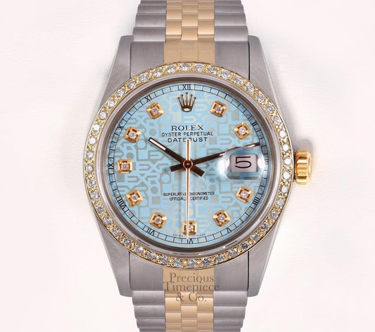 Rolex Datejust 36mm Two Tone 18k Diamond Bezel-Ice Blue Jubilee Diamond Dial-BOX