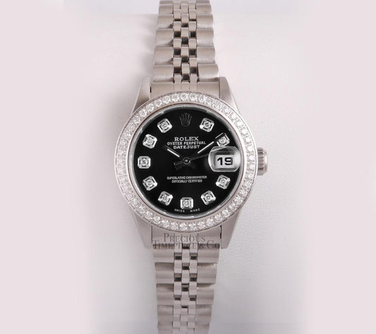 Rolex Lady Datejust Stainless Steel 26mm Watch-Black Diamond Dial-Diamond Bezel