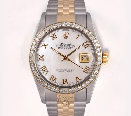 Rolex Datejust Two Tone Steel 18k Diamond Bezel-White MOP Roman Dial 36mm Watch