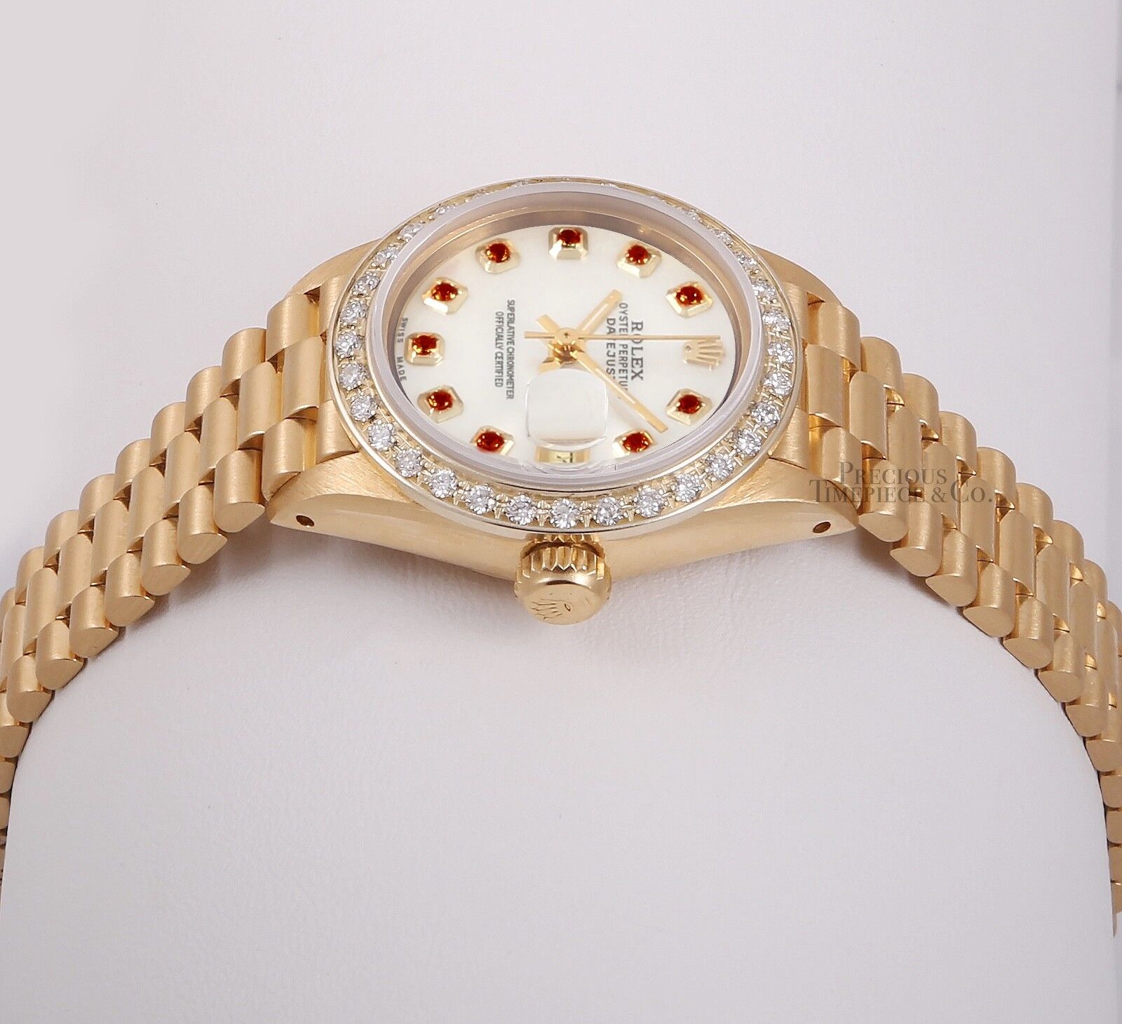 Rolex President Lady 18k Watch-Diamond Bezel-White MOP Ruby Diamond Dial-26mm
