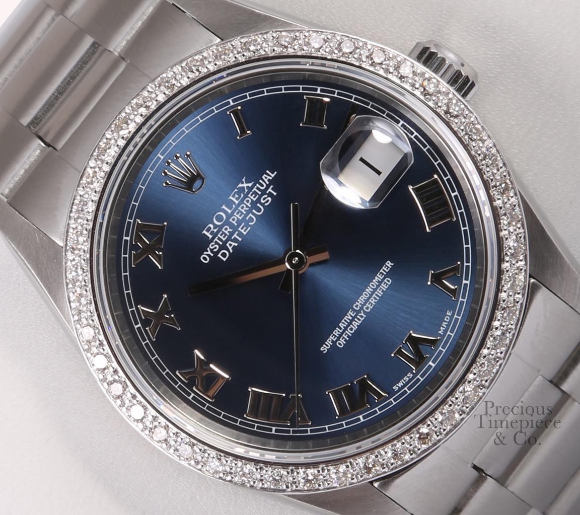 Rolex Datejust S/Steel 36mm Oyster Perpetual Watch-Navy Roman Dial-Diamond Bezel