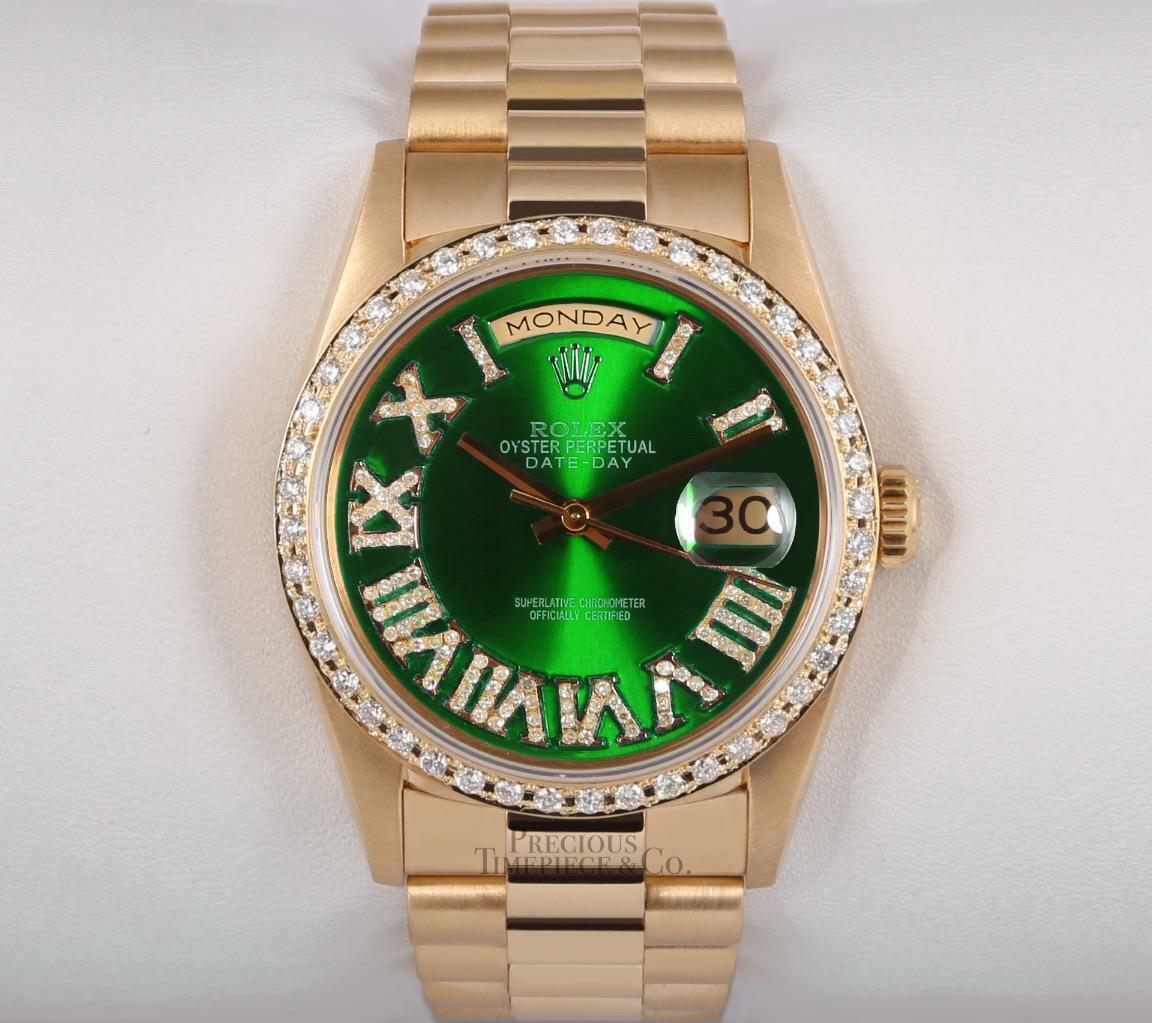 Rolex President 18238 Day Date 18k-Green Roman Diamond Dial-Diamond Bezel 36mm