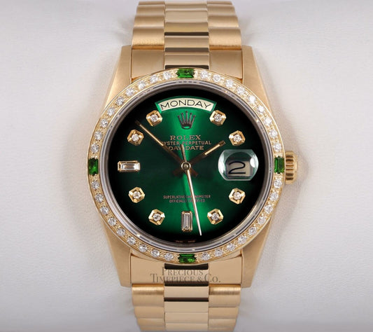 Rolex Day-Date 18238 President 36mm 18k Diamond & Emerald Bezel-Green Ombre Dial