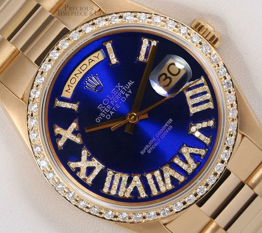 Rolex Day-Date 18038 36mm Presidential 18k-Blue Diamond Roman Dial-Diamond Bezel