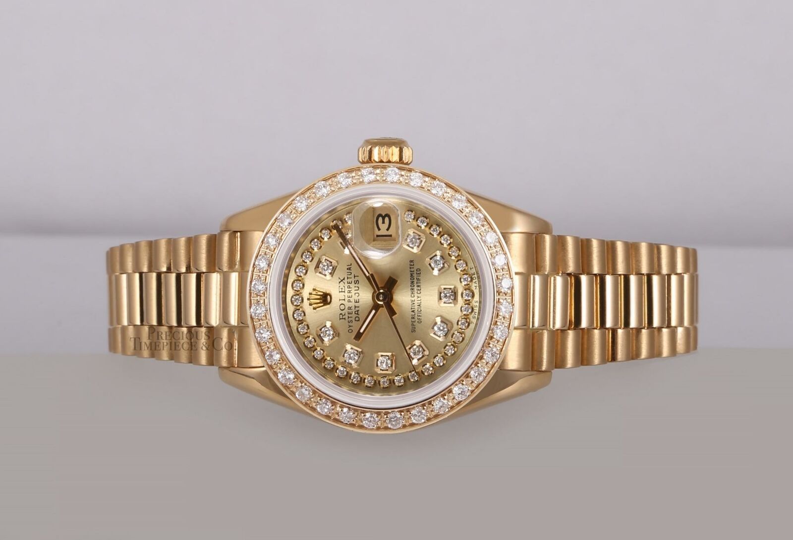 Rolex Lady President 18k Gold 26mm-Champagne String Diamond Dial-Diamond Bezel