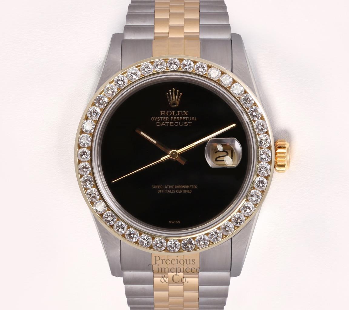 Rolex Datejust 36mm Two Tone Steel 3CT 18k Diamond Bezel Watch-Onyx Dial