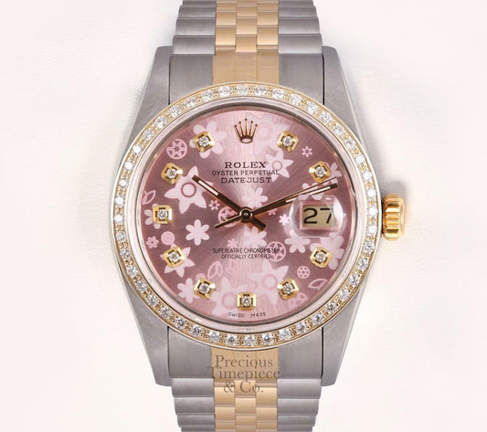 Rolex Datejust 36mm Two Tone 18k Diamond Bezel-Diamond Pink Floral Motif Dial