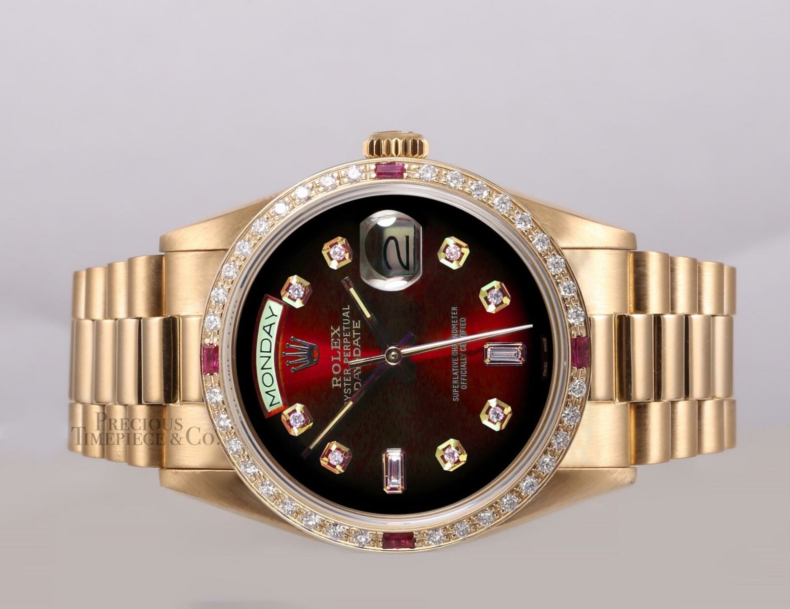 Rolex Day-Date 18038 President 36mm 18k Diamond & Ruby Bezel-Red Vignette Dial