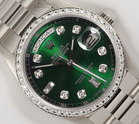 Rolex Day-Date 18239 Presidential 18k White Gold 36mm-Green Dial-Diamond Bezel