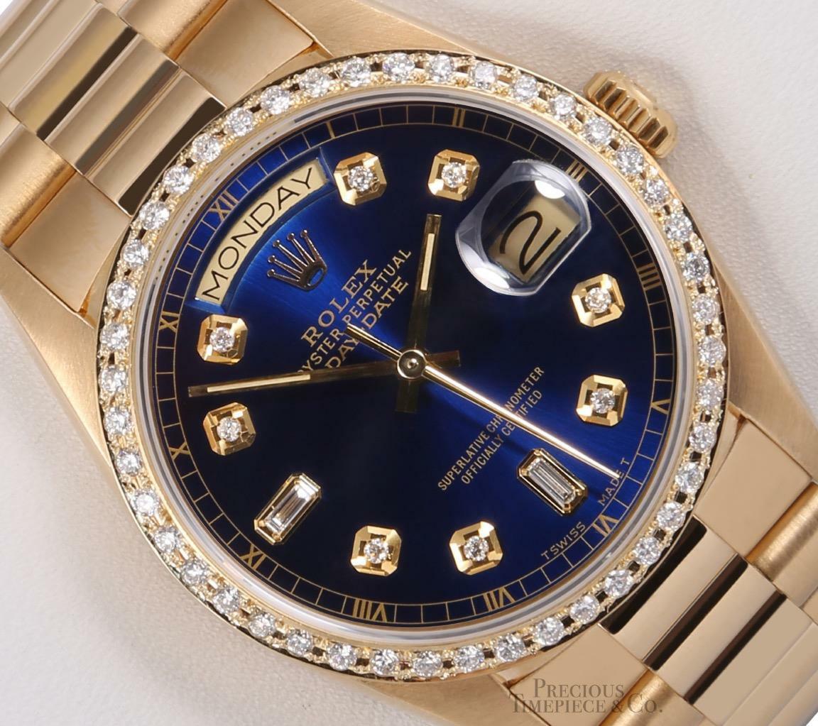 Rolex Day-Date President 18k Gold 18238-Blue Baguette Diamond Dial-Diamond Bezel