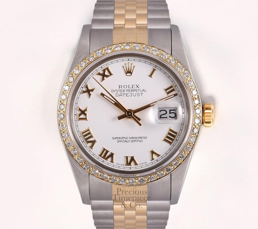 Rolex Datejust Two Tone Gold/SS 18k Diamond Bezel-White Roman Dial 36mm Watch