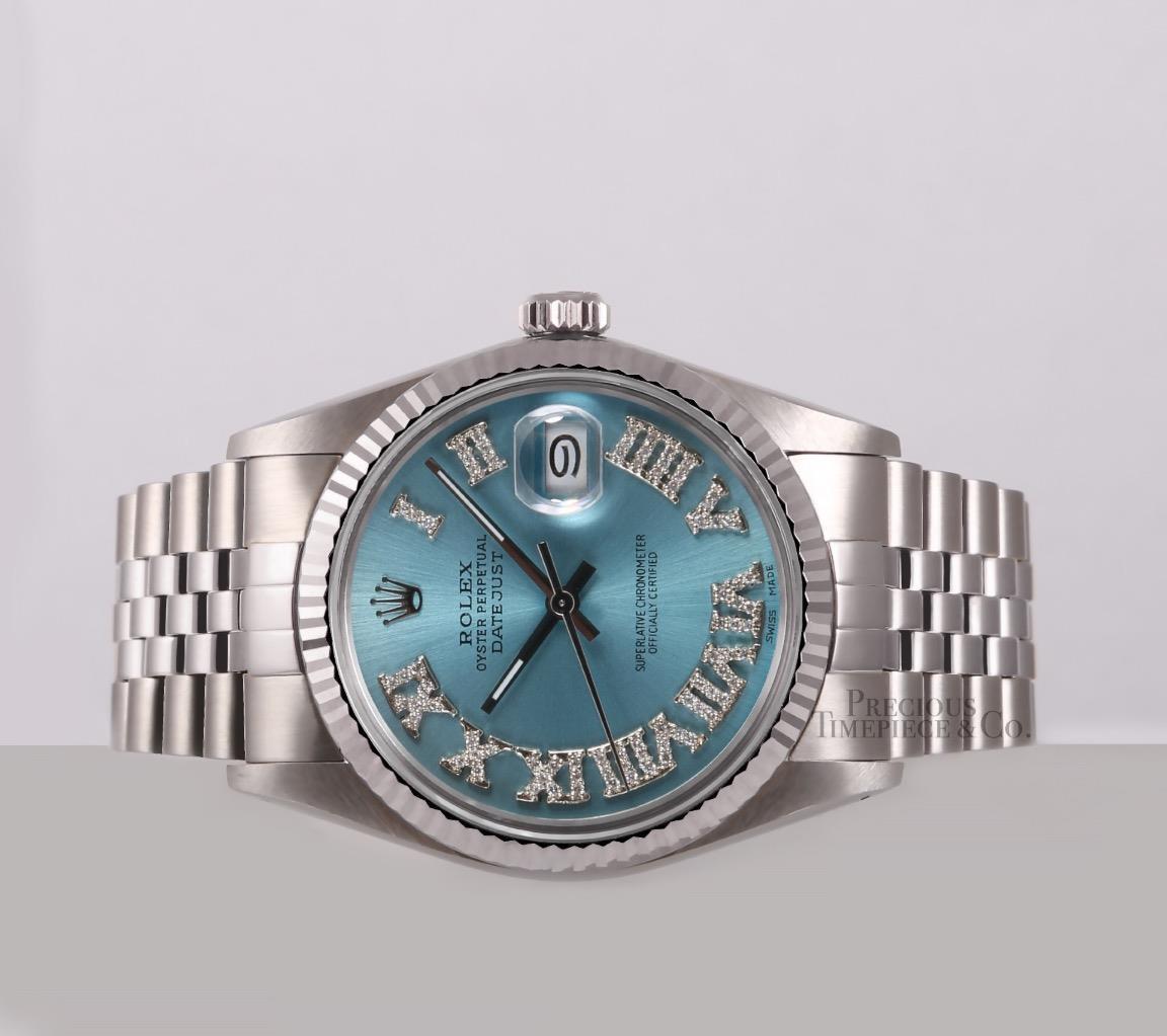 Rolex Datejust Stainless Steel 36mm-18k Fluted Bezel-Ice Blue Roman Diamond Dial