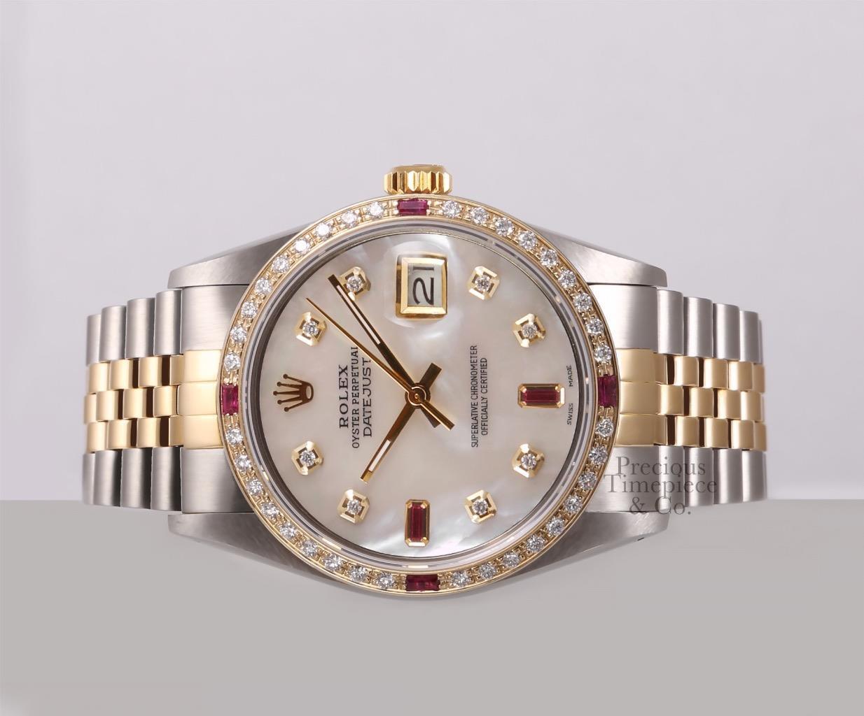 Rolex Men Datejust 36mm Two Tone SS/18k Ruby Diamond Bezel-White MOP Ruby Dial