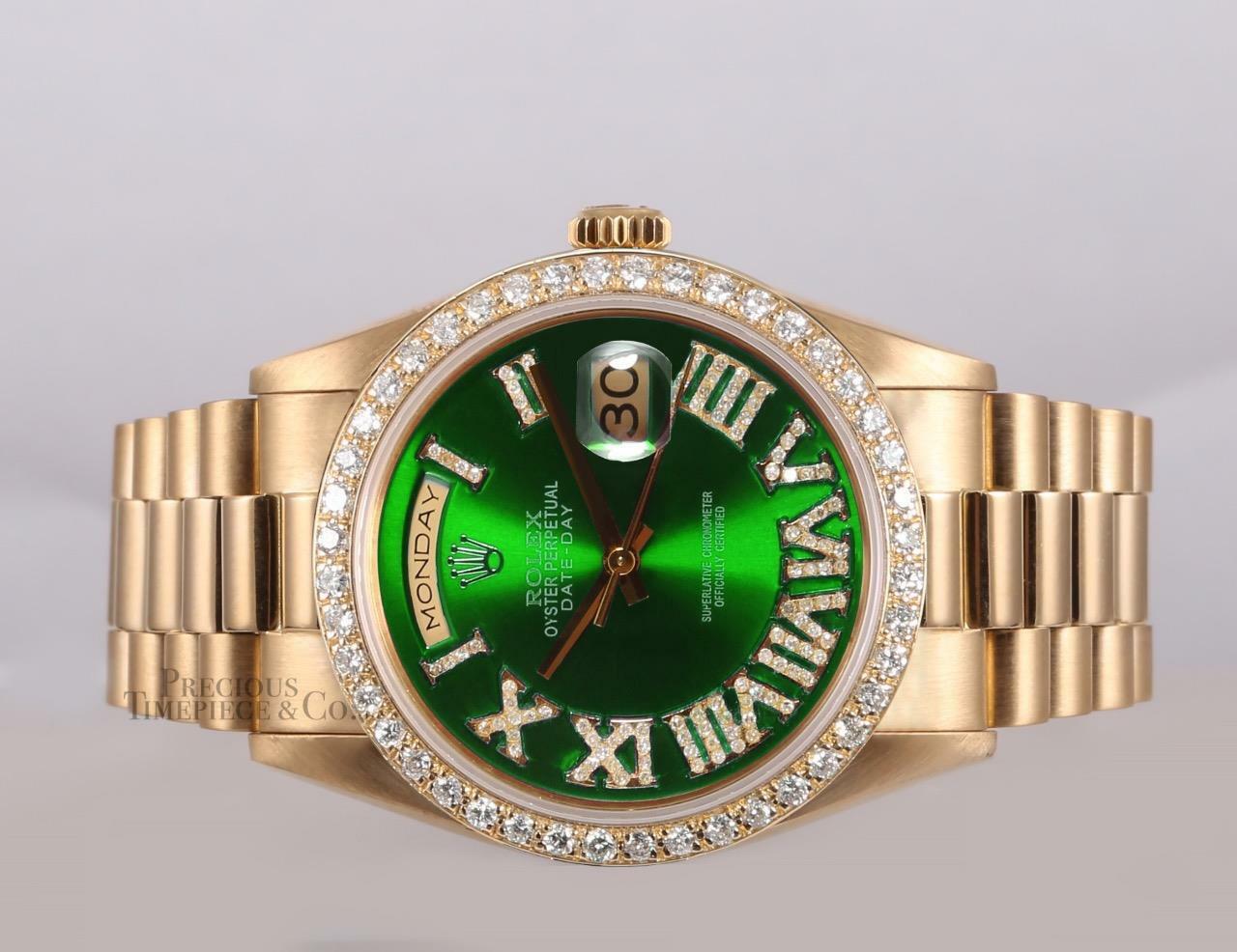 Rolex President 18238 Day Date 18k-Green Roman Diamond Dial-Diamond Bezel 36mm