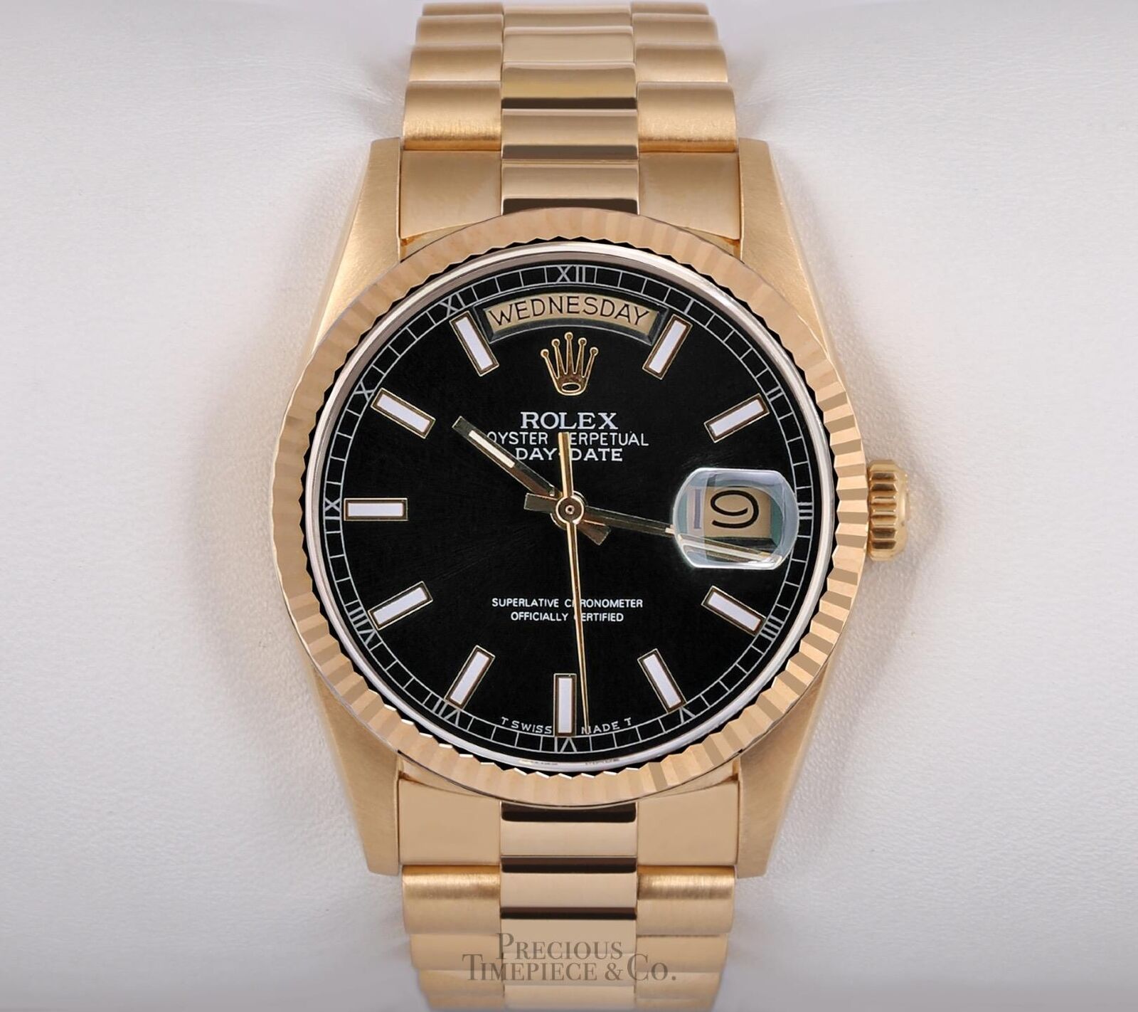 Rolex Day-Date 18238 Presidential- 18k Gold Fluted Bezel 36mm-Black Stick Dial