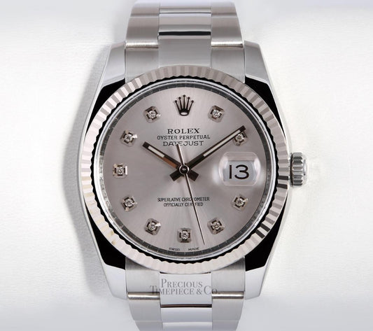 Rolex Datejust  Stainless Steel Oyster-18k Gold Fluted Bezel-Silver Diamond Dial